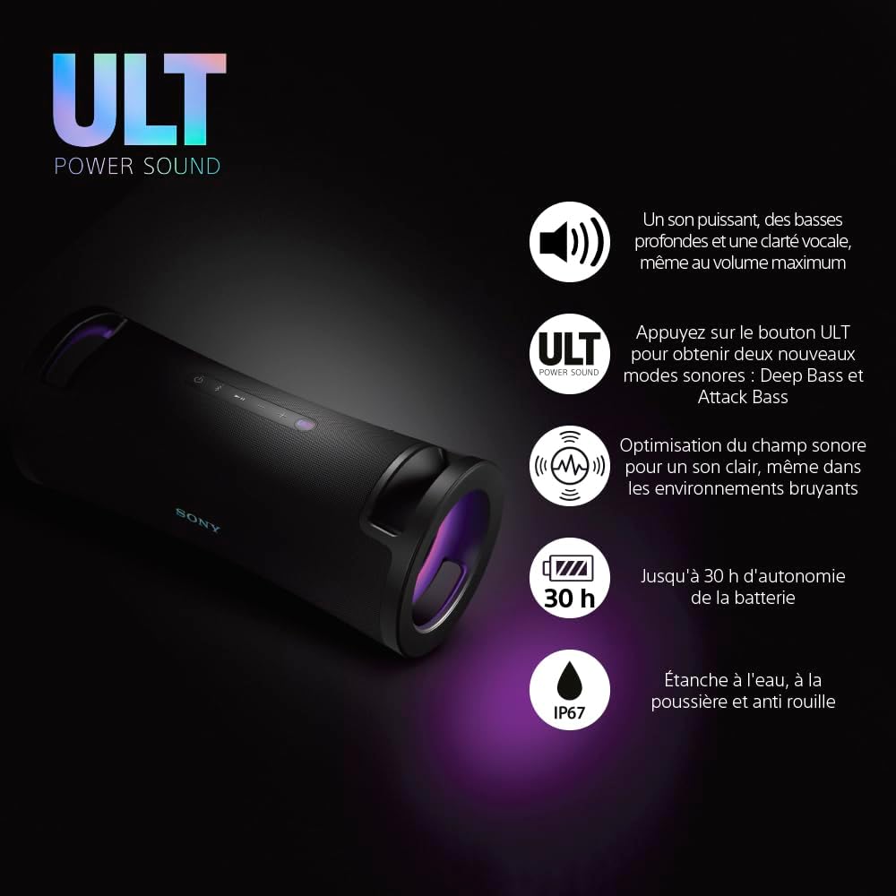 Sony ULT Field 7 - Enceinte Portable sans Fil Bluetooth ULT Power Sound, Modes Son Deep Bass & Attack Bass, HP X Balanced, 30h d'autonomie, IP67, Waterproof, Eclairage LED, entrée Mic, Guitare - Noir – Image 11