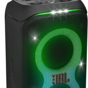 JBL Partybox Stage 320, Enceinte portable de soirée, roulettes et poignée télescopique intégrés, son JBL Pro, jeu de lumières, 18 heures d'autonomie, résistante aux éclaboussures IPX4, en noir