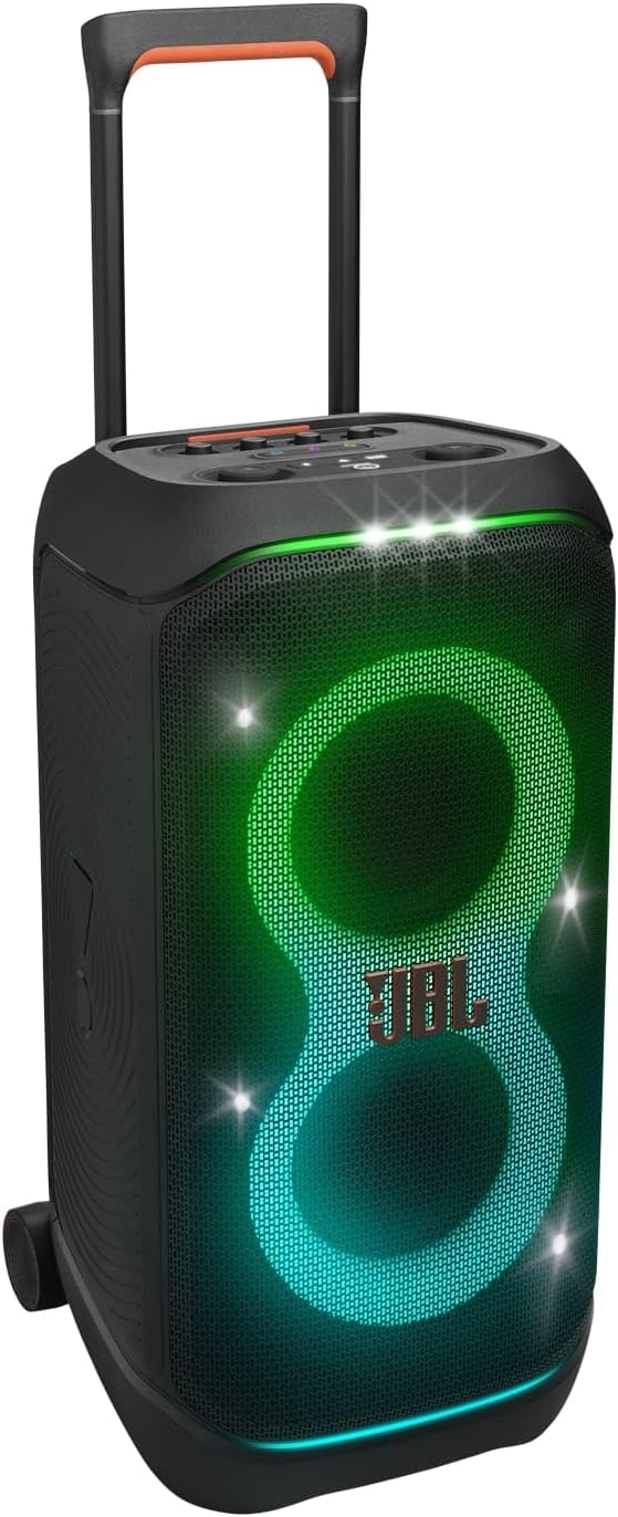 JBL Partybox Stage 320, Enceinte portable de soirée, roulettes et poignée télescopique intégrés, son JBL Pro, jeu de lumières, 18 heures d'autonomie, résistante aux éclaboussures IPX4, en noir