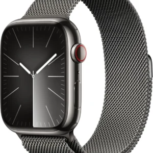 Apple Watch Series 9 (45 mm GPS + Cellular) Smartwatch avec boîtier en Acier Inoxydable et Bracelet Milanais Graphite. Suivi de l’activité Physique, apps Oxygène sanguin et ECG, résistance à l’Eau